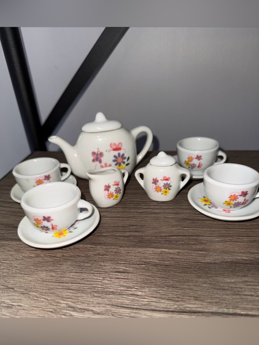 Miniature White Porcelain Tea Set with Pink & Yellow Floral Design
